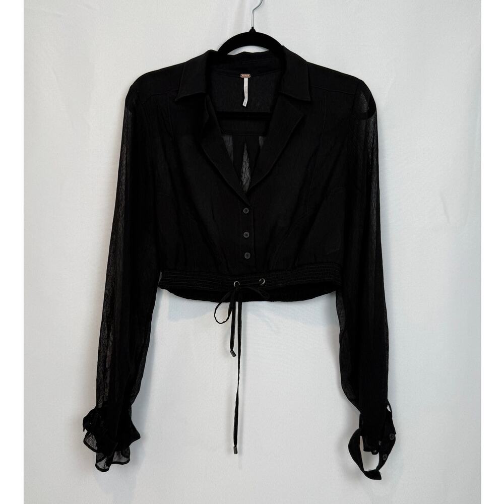 Free People Black Sheer Cropped Blouse Drawstring Smocked Ruffle Cuff Size XS